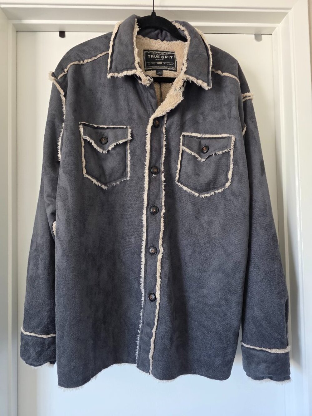 NEW Men's True Grit Jacket Gray Sueded Sherpa Lining Button Western Ranch Size M